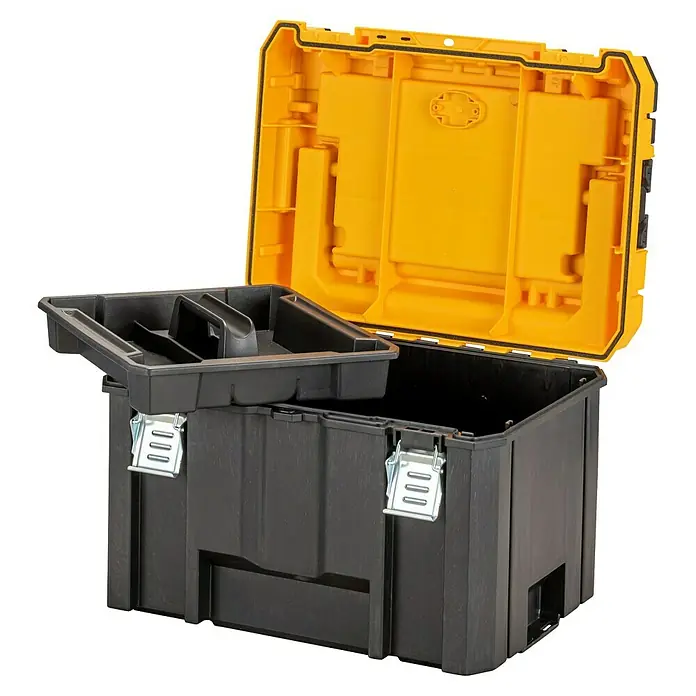 DeWalt T-STAK Caja para herramientas DWST83343-1 - L x An x Al: 33,3 x 44 x 32,3 cm, Plástico, Capacidad de carga: 30 kg - Caja de herramientas de plástico negra y amarilla abierta con bandeja negra extraíble.