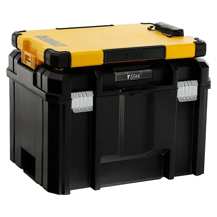DeWalt T-STAK Portapapeles DWST82732-1 - L x An x Al: 28,5 x 41,3 x 32 cm, Plástico, Luz LED - Sistema modular de cajas de herramientas DEWALT TSTAK negro y amarillo.