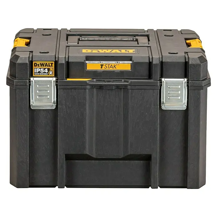 DeWalt Caja para herramientas DWST83346-1 - L x An x Al: 333 x 440 x 302 mm, Plástico, Con cerradura - Caja de herramientas negra DeWalt TStak con detalles amarillos y cierres metálicos para un almacenamiento y transporte seguro.