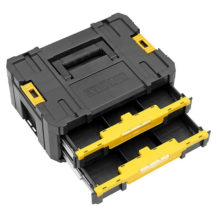 DeWalt T-STAK Caja para herramientas II - L x An x Al: 44 x 18 x 31 cm, Plástico, Capacidad de carga: 7,5 kg - Caja de herramientas DEWALT negra y amarilla con dos cajones extraíbles y asa superior.