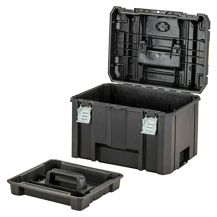 DeWalt Caja para herramientas DWST83346-1 - L x An x Al: 333 x 440 x 302 mm, Plástico, Con cerradura - Caja de herramientas negra de plástico abierta con cierres metálicos y bandeja extraíble separada.