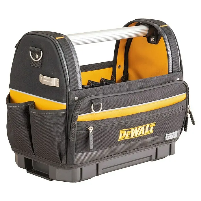 DeWalt T-STAK Bolsa para herramientas - L x An x Al: 25 x 45 x 35 cm, Textil, Capacidad de carga: 30 kg - Bolsa de herramientas DeWalt abierta negra y amarilla con asa resistente, múltiples bolsillos y base dura.