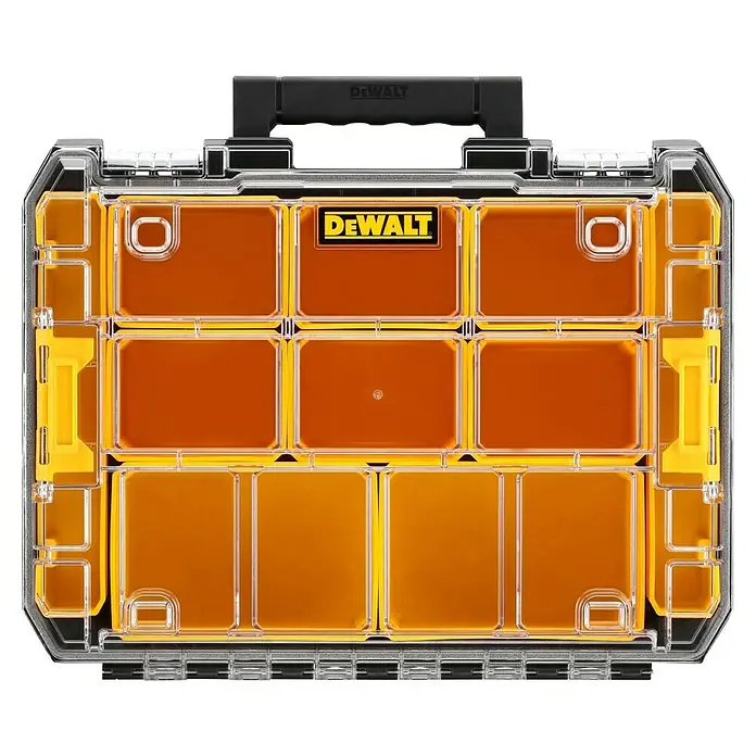 DeWalt T-STAK Kleinteilekoffer - L x B x H: 33,2 x 44 x 33,3 cm, Traglast: 20 kg, Anzahl Fächer: 10 Stk. - DeWalt Sortimentskasten mit transparentem Deckel, gelben und bernsteinfarbenen Fächern und schwarzem Griff zur Aufbewahrung von Kleinteilen.