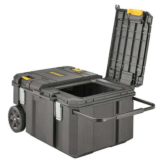 DeWalt T-STAK Werkzeugkasten - L x B x H: 80 x 60 x 43 cm, Kunststoff, Traglast: 50 kg - Dunkelgraue DeWalt Werkzeugbox auf Rädern mit gelben Akzenten, offenem Deckel und ausziehbarem Griff.