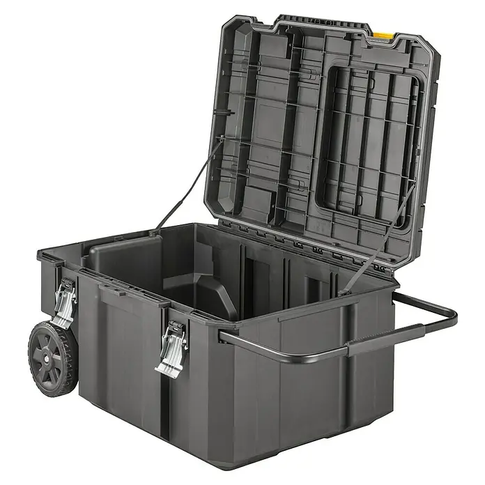 DeWalt T-STAK Werkzeugkasten - L x B x H: 80 x 60 x 43 cm, Kunststoff, Traglast: 50 kg - Dunkelgraue Kunststoff-Werkzeugkiste mit Rollen und offenem Deckel, Metallverschlüssen und ausziehbarer Griffstange.