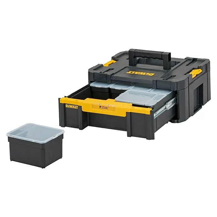 DeWalt T-STAK Werkzeugkasten III - L x B x H: 44 x 18 x 31 cm, Kunststoff, Traglast: 7,5 kg - Schwarz-gelbe DeWalt T-STAK Werkzeugbox mit teils geöffneter Schublade, die graue modulare Behälter und einen separaten Behälter mit Deckel zeigt.