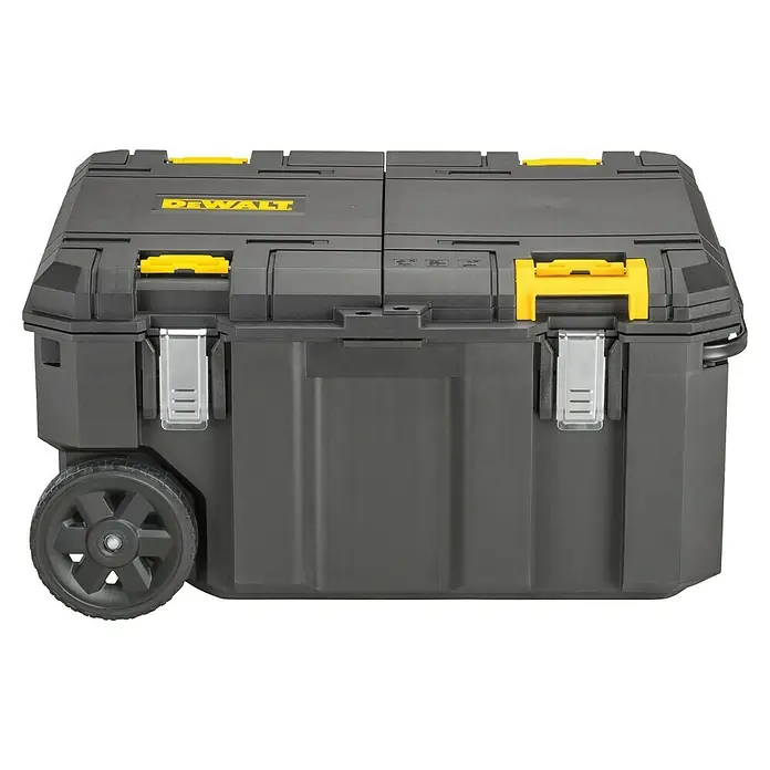 DeWalt T-STAK Werkzeugkasten - L x B x H: 80 x 60 x 43 cm, Kunststoff, Traglast: 50 kg - DeWALT dunkelgraue mobile Werkzeugkiste aus Kunststoff mit gelben Akzenten und großen Rädern.