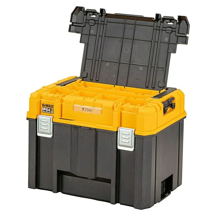 DeWalt T-STAK Werkzeugkasten VII IP54 - L x B x H: 33,3 x 44 x 32,3 cm, Kunststoff, Traglast: 30 kg - Ein offener Dewalt TSTAK Werkzeugkoffer, der robuste und stapelbare Aufbewahrung für Werkzeuge und Zubehör bietet.