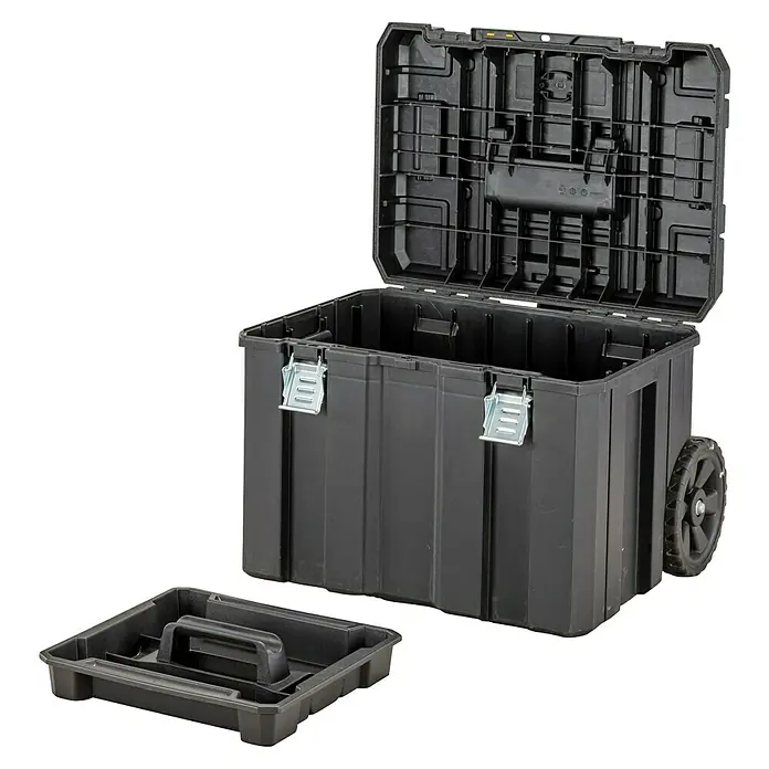 DeWalt T-STAK Caja de almacenaje y transporte DWST83347-1 - L x An x Al: 43,5 x 51,2 x 63,5 cm, Polipropileno, Capacidad de carga: 50 kg - Caja de herramientas negra con ruedas, con la tapa abierta y bandeja extraíble.