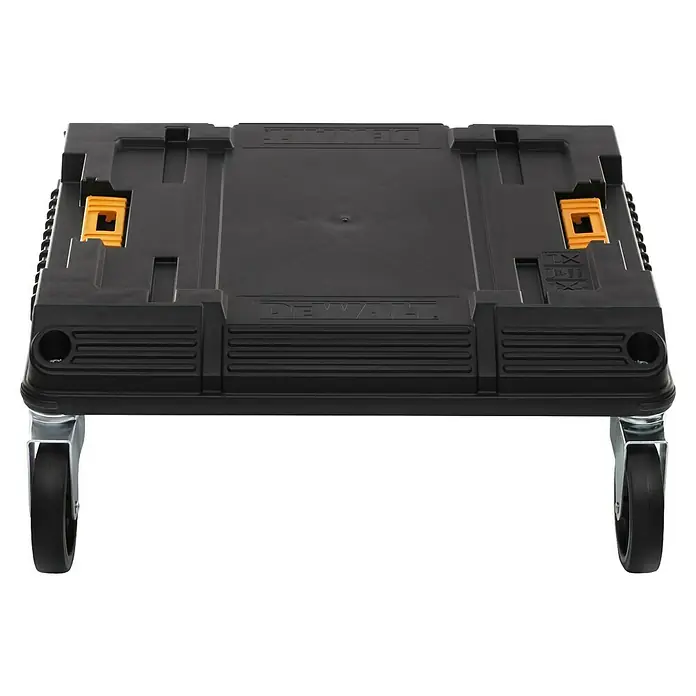 DeWalt T-STAK Transportroller - L x B x H: 44 x 33 x 18,1 cm, Kunststoff, Traglast: 100 kg - Schwarze DeWalt Werkzeugkasten-Rollplatte mit gelben Verriegelungen und vier Rollen.