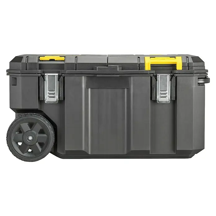 DeWalt T-STAK Caja para herramientas - L x An x Al: 80 x 60 x 43 cm, Plástico, Capacidad de carga: 50 kg - Caja de herramientas móvil de plástico gris oscuro con asas y cierres amarillos, con dos ruedas grandes para portabilidad.