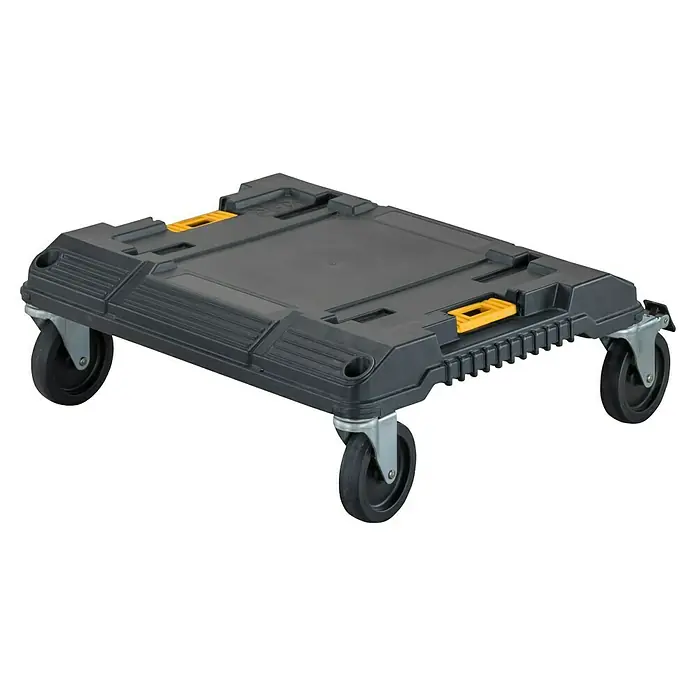DeWalt T-STAK Transportroller - L x B x H: 44 x 33 x 18,1 cm, Kunststoff, Traglast: 100 kg - Schwarzer Kunststoff-Transportroller mit vier Lenkrollen und gelben Verriegelungen.