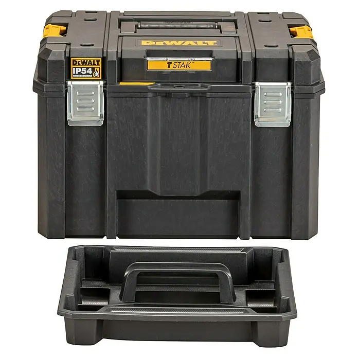 DeWalt Caja para herramientas DWST83346-1 - L x An x Al: 333 x 440 x 302 mm, Plástico, Con cerradura - Caja de herramientas DeWalt TSTAK negra y amarilla con resistencia al agua IP54 y cierres metálicos, mostrada con una bandeja negra extraíble separada.