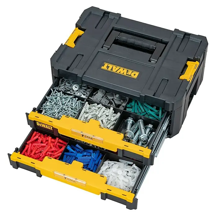 DeWalt T-STAK Werkzeugkasten IV - L x B x H: 44 x 18 x 31 cm, Kunststoff, Traglast: 7,5 kg - Schwarzer und gelber DeWalt Werkzeug-Organizer mit offenen Schubladen, die verschiedene Schrauben, Unterlegscheiben und Dübel zeigen.