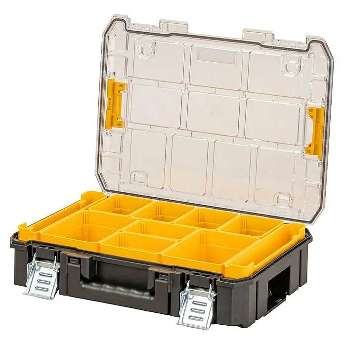 DeWalt T-STAK Kleinteilekoffer - L x B x H: 33,2 x 44 x 33,3 cm, Traglast: 20 kg, Anzahl Fächer: 10 Stk. - Geöffneter Werkzeugkasten mit transparentem Deckel, gelben Fächern und schwarzem Boden.