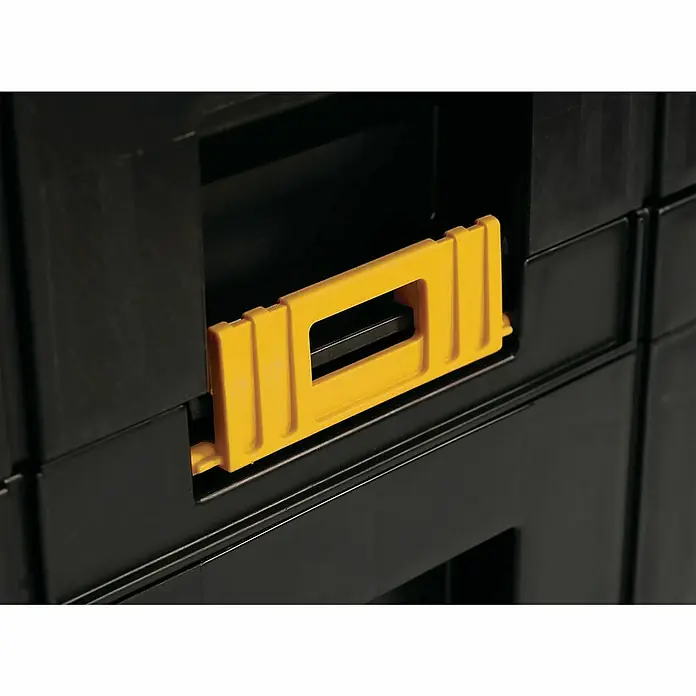 DeWalt T-STAK Caja para herramientas II - L x An x Al: 44 x 18 x 31 cm, Plástico, Capacidad de carga: 7,5 kg - Tirador de plástico amarillo brillante en un cajón de almacenamiento modular negro.