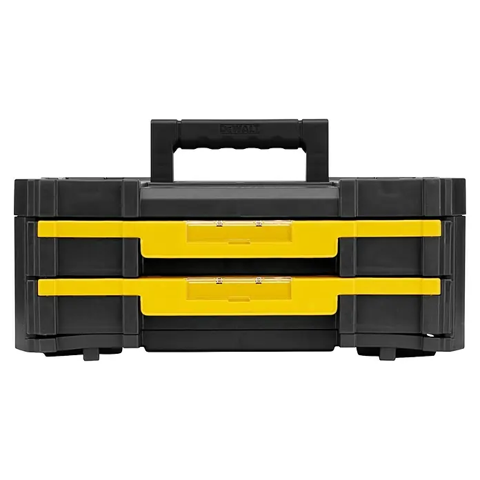 DeWalt T-STAK Caja para herramientas II - L x An x Al: 44 x 18 x 31 cm, Plástico, Capacidad de carga: 7,5 kg - Caja de herramientas DeWalt negra y amarilla con dos cajones extraíbles con tapa transparente y asa de transporte negra.