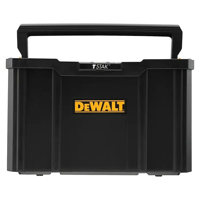 DeWalt T-STAK Werkzeugkasten - L x B x H: 44 x 32 x 27,5 cm, Kunststoff, Traglast: 50 kg - Schwarze DeWalt TSTAK Kunststoff-Werkzeugkiste für modulare Werkzeugaufbewahrung mit gelbem Logo und Tragegriff.