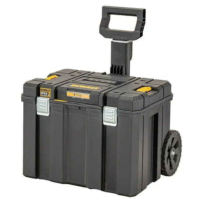 DeWalt T-STAK Aufbewahrungs- & Transportbox - L x B x H: 43,5 x 51,2 x 63,5 cm, Polypropylen, Traglast: 50 kg - Schwarzer DeWalt TSTAK Werkzeugkoffer mit Rollen und ausziehbarem Griff für einfachen Transport und Organisation von Werkzeugen.