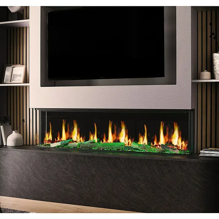 Focalpoint Chimenea eléctrica Ennolux LCD 59 - Negro, 1.400 W, L x An x Al: 21,9 x 152,5 x 53 cm - Interior elegante con una chimenea eléctrica moderna y un televisor elegante.