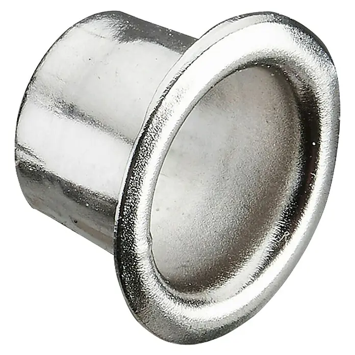 Hettich Einschlagbodenhülse - Durchmesser: 7,5 mm, Silber, Stahl - Nahaufnahme einer silberfarbenen Öse, einem kleinen Metallring, der häufig in Stoffen und Leder verwendet wird, um Löcher zu verstärken.