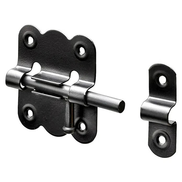 Hettich Schieberiegel - L x B: 52 x 48 mm, Stahl, Schwarz, Einsatzbereich: Türen - Nahaufnahme eines schwarzen Kastenschlosses mit Riegel, ideal zur sicheren Verriegelung von Türen, Toren oder Kisten. Solide Verarbeitung für den Innen- und Außenbereich.