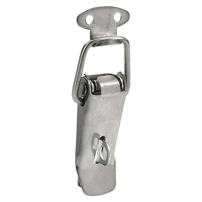 Hettich Kistenverschluss - B x L: 17 x 58 mm, Silber - Silberfarbener Metall-Knebelverschluss mit federbelastetem Arm und Befestigungslöchern.