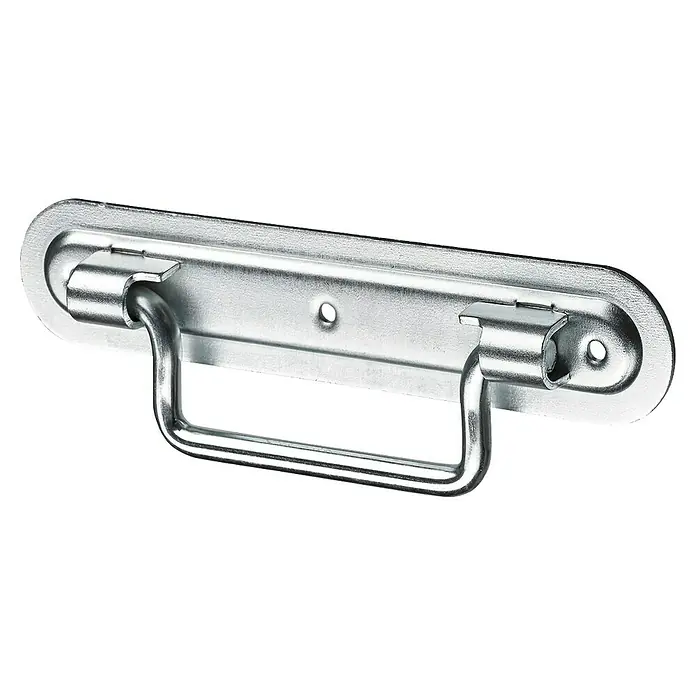 Hettich Einlass-Kistengriff - L x B x H: 162 x 32 x 16 mm, Stahl - Nahaufnahme eines versenkten Koffergriffs aus Metall mit Befestigungsschrauben für sicheren Transport. Die robuste Konstruktion gewährleistet Langlebigkeit.