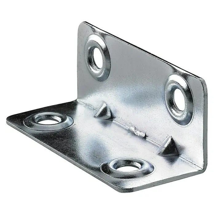 Hettich Winkelverbinder - L x B x H: 20 x 20 x 50 mm, Verzinkt, 1 Stk. - Nahaufnahme einer verzinkten Winkelhalterung mit mehreren Löchern zur Befestigung. Ideal für Möbelbau und Reparaturen.