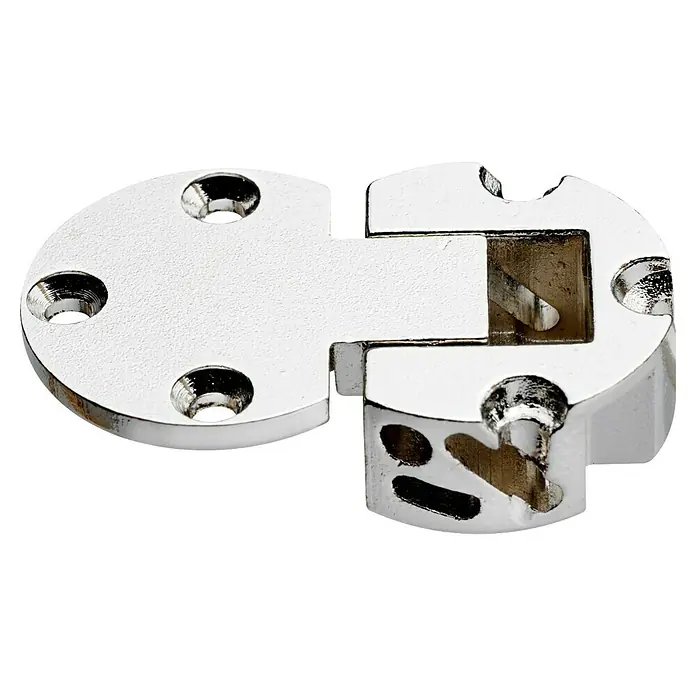 Hettich Klappenscharnier - Durchmesser: 30 mm, Stahl - Verchromtes Möbelbandscharnier, teilweise geöffnet, mit Schraubenlöchern.