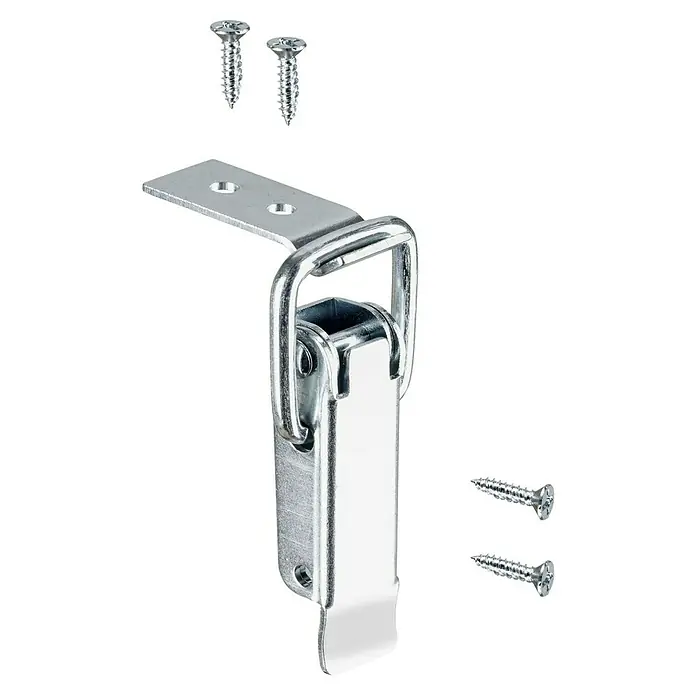 Hettich Kistenverschluss - B x L: 13 x 56 mm, Silber - Silberfarbener Metall-Spannverschluss mit vier passenden Schrauben zur sicheren Befestigung.