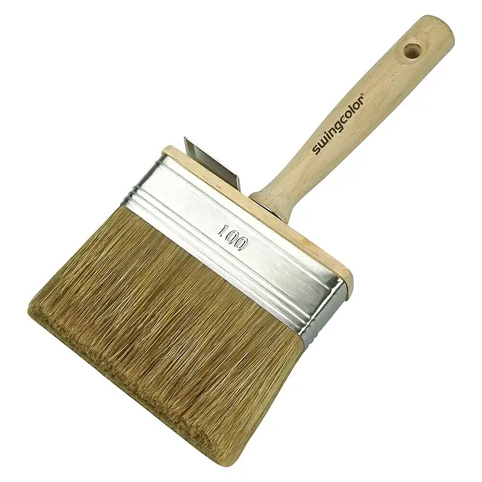 swingcolor Premium Flächenstreicher - Breite Borsten: 100 mm, Kunst- und Naturborstenmischung, Naturholz - Rechteckiger Farbroller von Swingcolor mit Holzgriff und der Zahl "100" auf dem Metallteil, ideal für gleichmäßiges Auftragen von Farbe.