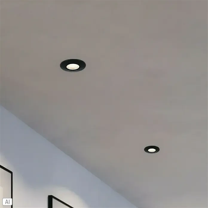 Eglo LED-Einbauleuchte Agulo - Warmweiß, Durchmesser: 85 cm, Schwarz - Deckenansicht mit zwei stilvollen schwarzen Einbaustrahlern, die ein modernes Ambiente schaffen.