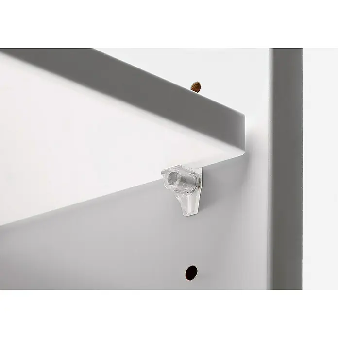 Hettich Steckbodenträger Safety - Durchmesser: 5 mm, Transparent, Stahl - Detailaufnahme eines weißen Regals mit einem transparenten Regalbodenträger aus Kunststoff. Praktisch und unauffällig.