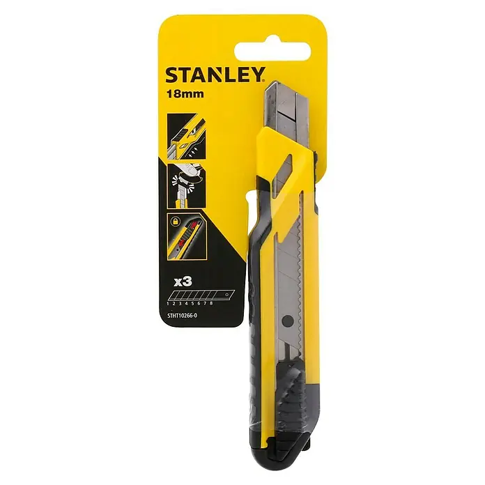 Stanley Cuttermesser Comfort Cut 18mm - Klingenbreite: 18 mm, Abbrechklinge - Stanley 18mm Cuttermesser mit gelb-schwarzem Griff, verpackt in gelber Blisterpackung mit Bedienungsanleitung und Ersatzklingen.
