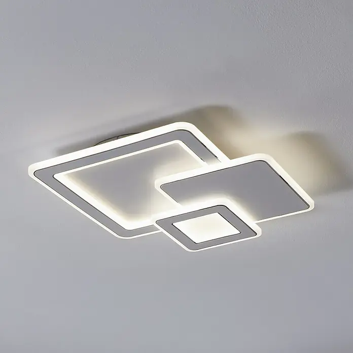 Eglo LED-Deckenleuchte Mentalurgia - 12 W, L x B x H: 490 x 490 x 65 mm, Weiß/ Chrom, Lichtfarbe: Warmweiß - Moderne Deckenleuchte mit drei ineinander verschachtelten Quadraten in Grau und Weiß, die ein stilvolles Ambiente erzeugt. Die Lampe spendet helles, einladendes Licht.