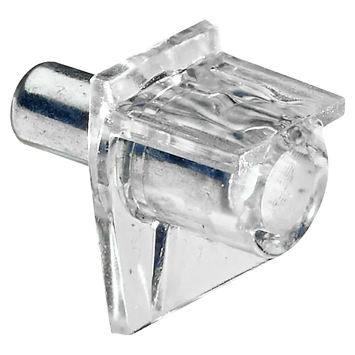 Hettich Steckbodenträger Safety - Durchmesser: 4 mm, Transparent, Stahl - Nahaufnahme einer transparenten Regalbodenstütze mit silberfarbenem Stift. Ideal für Glasböden.