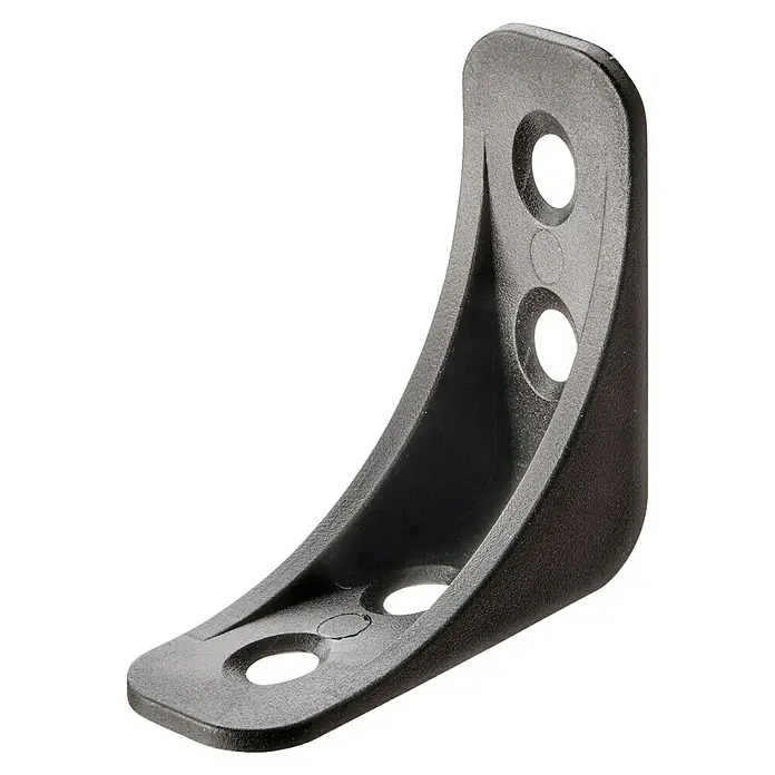 Hettich Eckverbinder - L x B x H: 40 x 16 x 40 mm, Kunststoff, Schwarz - Nahaufnahme einer schwarzen Kunststoffeckhalterung mit Befestigungslöchern auf schwarzem Hintergrund.