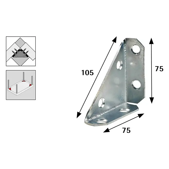 Hettich Eckverbinder - L x B x H: 105 x 75 x 75 mm, Silber, 1 Stk. - Bild einer Winkelverbindung mit Maßangaben. Ideal für stabile Eckverbindungen im Möbelbau und anderen Projekten.