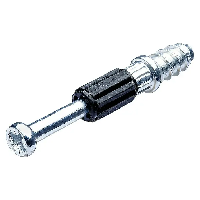 Hettich Einschraub-Bodendübel - Ø x L: 5 x 30 mm - Silberner Möbelverbinder mit Sternantrieb, Gewindeende und schwarzer geriffelter Kunststoffhülse.