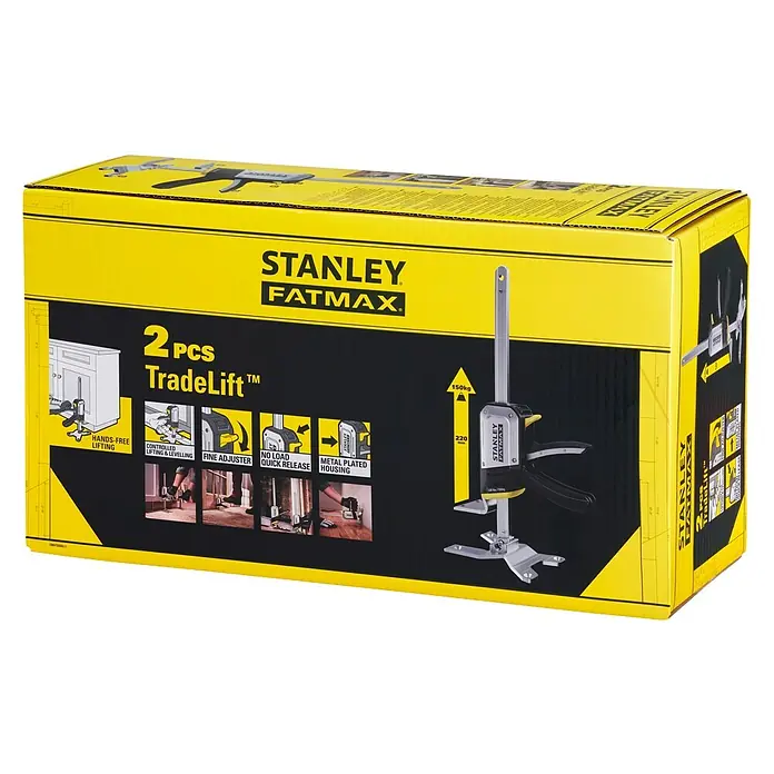Stanley FatMax Montagewerkzeug Tradelift Doppelpack - Belastbarkeit: 150 kg, 2 Stk. - Eine gelbe Verpackung für zwei Stanley Fatmax TradeLift Werkzeuge, die zum Heben und Nivellieren von Gegenständen verwendet werden.