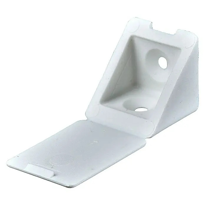 Hettich Eckverbinder - L x B x H: 22 x 24 x 22 mm, Kunststoff, Weiß, 1 Stk. - Detailaufnahme einer weißen Eckstütze aus Kunststoff mit Loch für Schrauben, ideal zur Befestigung von Regalen oder Möbeln.