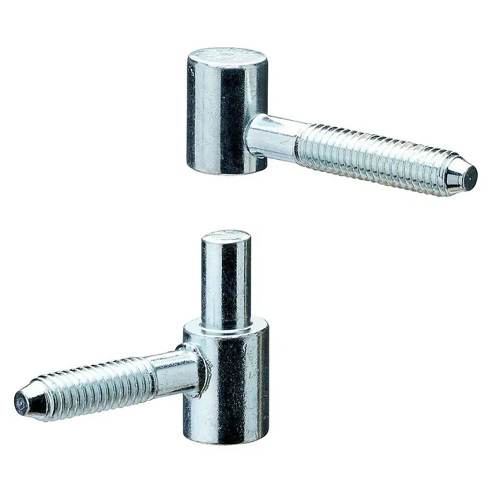 Hettich Einbohrband - Verzinkt, Geeignet für: Holzzargen, Ø x H: 13 x 39 mm - Zwei silberne, schraubbare Torbänder auf schwarzem Hintergrund. Ideal für sichere und flexible Torbefestigungen im Außenbereich.