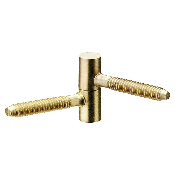 Hettich Einbohrband - Vermessingt, Geeignet für: Holzzargen, Ø x H: 8 x 28 mm - Nahaufnahme eines Türbandbolzens aus Messing mit Gewindeenden vor schwarzem Hintergrund, ein robustes und langlebiges Beschlagteil.