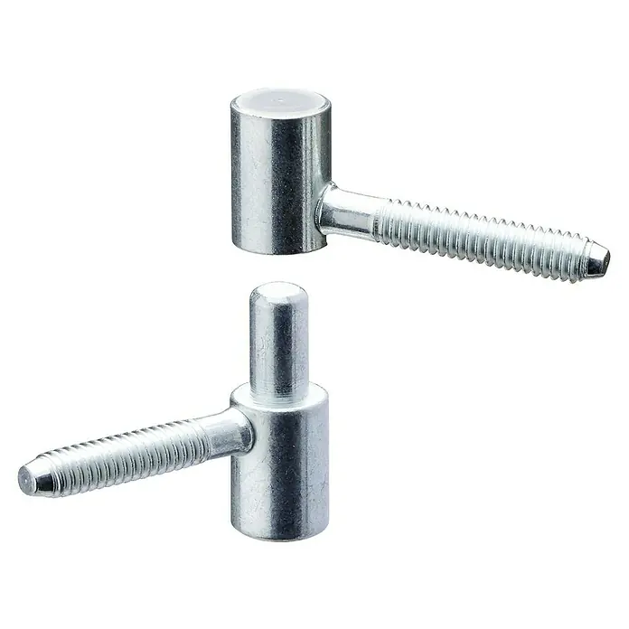 Hettich Einbohrband - Verzinkt, Geeignet für: Holzzargen, Ø x H: 10 x 34 mm - Nahaufnahme von zwei Bolzenbändern aus Metall. Sie sind ideal für Holztüren und -tore und sorgen für eine stabile und sichere Verbindung.