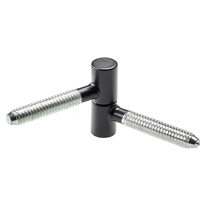 Hettich Einbohrband - Lackiert, Geeignet für: Holzzargen, Ø x H: 8 x 28 mm - Ein Detailaufnahme eines schwarzen Bolzenband mit zwei silbrigen Schrauben, ideal für robuste Türen und Tore. Hohe Qualität und Langlebigkeit.