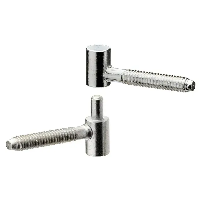 Hettich Einbohrband - Vernickelt, Geeignet für: Holzzargen, Ø x H: 8 x 28 mm - Nahaufnahme von zwei Bolzenbändern aus Metall, die für eine stabile und zuverlässige Befestigung von Toren oder Türen sorgen.