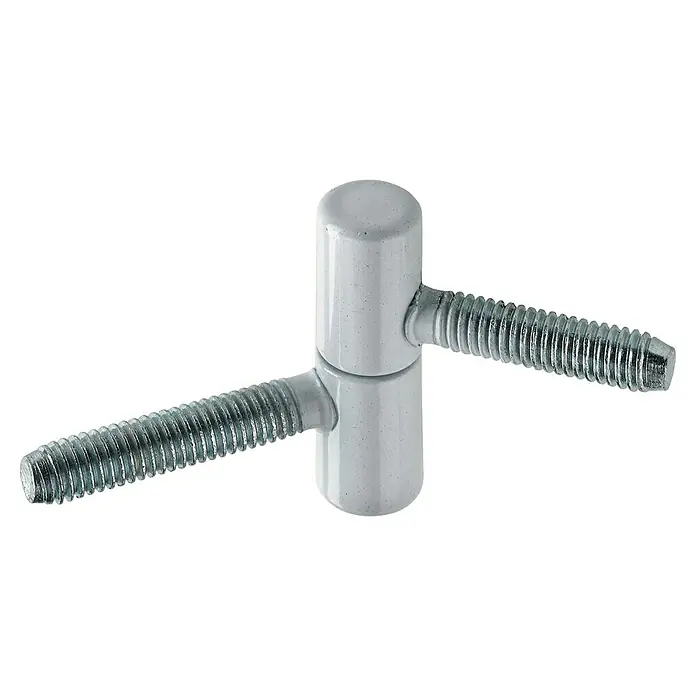 Hettich Einbohrband - Lackiert, Geeignet für: Holzzargen, Ø x H: 10 x 34 mm - Nahaufnahme eines weißen Türbandes mit Schrauben für die Montage, ideal für DIY-Projekte und Reparaturen im Haus.