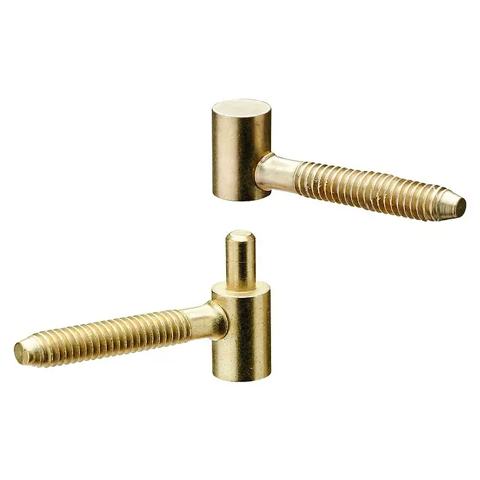 Hettich Einbohrband - Vermessingt, Geeignet für: Holzzargen, Ø x H: 8 x 28 mm - Nahaufnahme von zwei goldenen Einschraubbändern für Möbel oder andere Bauprojekte, die auf einem schwarzen Hintergrund dargestellt sind.