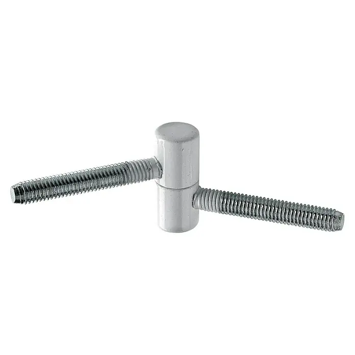 Hettich Einbohrband - Lackiert, Geeignet für: Holzzargen, Ø x H: 15 x 36 mm - Ein silberfarbenes Türangel-Scharnier mit Gewindestiften, das sich ideal für robuste Verbindungen eignet.